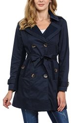 Collection Aulin Women's Fashion Double Breasted Trench Coat Jacket With Belt Navy Blue Medium