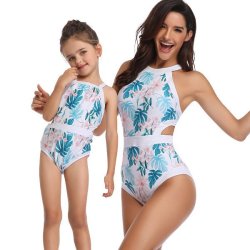 Matching Mom Or Daughter Blue Leaf Print One-piece Swimwear - XL