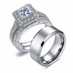 LOVERSRING Couple Ring Bridal Set His Hers Women 10K White Gold Filled Aaa Cz Men Stainless Steel Wedding Ring Band Set