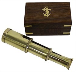 6" Piru Handheld Brass Telescope With Wooden Box - Pirate Navigation Clear Wooden Box