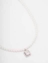 Rhodium Pearl & Solitaire Diamante Pendant Necklace