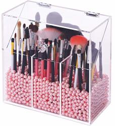 Covered Makeup Brush Holder With Dustproof Lid Pearls Beads Large Capacity Acrylic Clear Cosmetic Brush Storage Organizer For Vanity