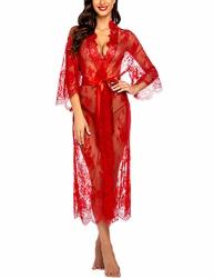 Avidlove Womens Lace Floral Long Lingerie Kimono Robe Eyelash Babydoll With Satin Belt Red