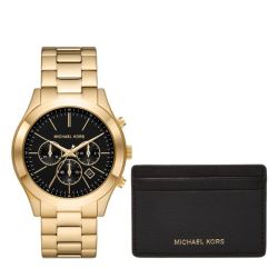Slim Runway Chronograph Gold Stainless Steel Men's Watch And Slim Card Case Set MK1076SET
