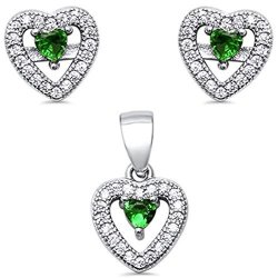 Halo Heart Jewelry Set Simulated Green Emerald Cz 925 Sterling Silver Pendant Earring