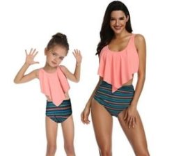2 Piece Nylon Matching Bikini Swimwear Bathing Suits For Mom Or Daughter - Peach - Tribal Print - Size XL