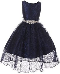 Little Girls Floral Lace High Low Rhinestones Special Occasion Flower Girl Dress Navy 4 M3B6K0CB