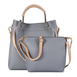 Women Leather Top Handle Handbag 2 In 1 Tote Purse Set With Small Detachable Ladies Casual Crossbody Shoulder Bag Grey