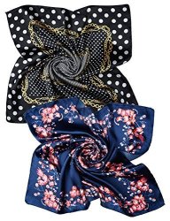 2 Pcs Women's 23 Inches Square Head Scarf Neck Scarves Black And White Dots With Pink Plum Flowers On Navy