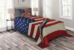 Lunarable American Flag Bedspread Set Twin Size Baseball Bat Ball On Foreground Star-spangled Banner National Sports Decorative Quilted 2 Piece Coverlet Set Pillow Sham Multicolor