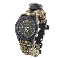 Gloous Survival Bracelet With Watch Compass Flint Fire Starter Scraper Whistle Gear Camouflage
