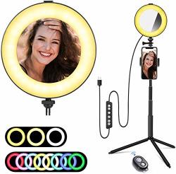 8" Rgb Selfie LED Ring Light With Makeup Mirror Adjustable Tripod Stand And Cell Phone Holder For Youtube Video And Makeup With 2 Light Modes 10 Colours