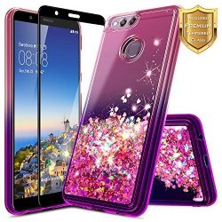 Nagebee For Huawei Honor 7X Case Huawei Mate Se Case W Full Coverage Tempered Glass Screen Protector Quicksand Liquid Floating Glitter Flowing Shiny Sparkle