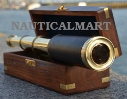 Nauticalmart 16" Handheld Brass And Black Leather Pirate Navigation Telescope With Wooden Box