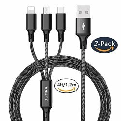 2PACK Multi USB Cable Fast Charging Ankce 3 In 1 USB Charger Cable 4FT 1.2M Nylon Braided Cords USB To Type C micro lightning Plug Connectors For