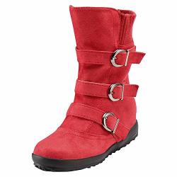Women's Vintage Buckle Strap Mid Boots Comfort Flat Snow Boots Warm Suede Round Toe Zipper Mid Calf Boots 5.5-9.5 Red 6 M Us women
