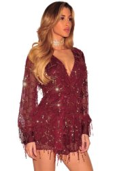 Burgundy Flowing Sequins Sheer Mesh Partialy Lined Long Sleeve Playsuit Romper