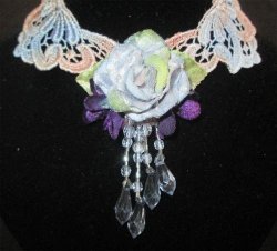 The Velvet Attic - Handmade Vintage Lace Choker With Velvet Flowers & Beads - Blue