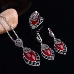 Feelgood Big Long Leaf Pendant Necklace Set Jewelry Russia Vintage Silver Color... - FGJS021RED 18