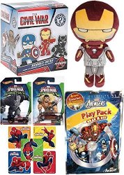 Hero Plushies Funko Marvel Iron Man Homecoming + Spider-man Vs Sinister Six Kraven & Rhino Hot Wheels Car + Super Sticker Coloring Play Pack Set