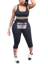 Women's 2 Piece Outfits Crop Top And Bodycon Pants Set Joggers Tracksuit Set Black M