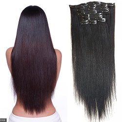 Hannah Queen Hair Brazilian Clip In Hair Extensions 1B Natural Black Grade 8A Double Weft 100% Remy Human Hair Full Head Straight 8PCS 17CLIPS