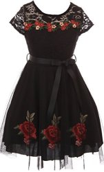 Little Girls Cap Sleeve Floral Lace Roses Tulle Christmas Holiday Flower Girl Dress Black 4 2J0K9S7