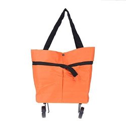 Whitelotous Shopping Trolley Handbag Scalable Folding Lightweight Grocery Bag Cart With Wheels Orange