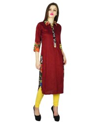 Phagun Womens Cotton Tunic Rayon Indian Designer Kurta 3 4 Sleeves Red & Black Long Kurti PCKL74A