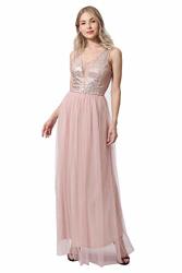 Linl Women's Prom Deep V Neck Sleeveless Sequin Tulle Formal Evening Maxi Dress Pink Large
