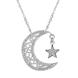 EVER FAITH 925 Sterling Silver CZ Crescent Moon and Star Pendant Necklace Clear 