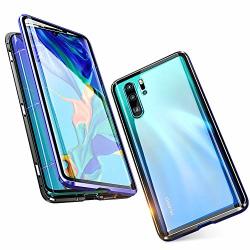 Compatible With Huawei P30 Pro 6.47 Inch Case Jonwelsy 360 Degree Front And Back Transparent Tempered Glass Cover Strong Magnetic Adsorption Technology Metal Bumper Blue black