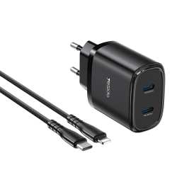 YC54 20W Dual Port Fast Charger With Usb-c To Lightning Cable - Black