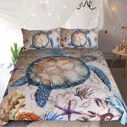 Sleepwish Turtle Antique Map Bedding 3 Pieces Nautical Sea Creatures Ivory Duvet Cover Kids Coastal Themed Bed Sets Full