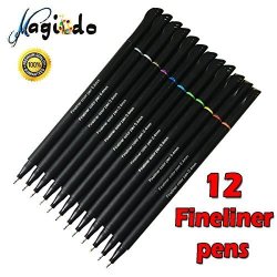 Magicdo 12 Fineliner Color Pen Set With Metal Clad Tip 0.4MM Fine Line Colored Sketch Writing Drawing Pens For Bullet Journal Planner Note Taking