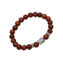 9" Natural Genuine Agate Bracelet Semi Precious Stone Beads Yoga Bracelet Gifts Dark Wood&silver Plated Buddha