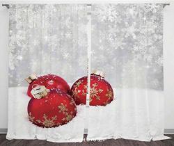 SATIN Window Drapes Curtains Christmas Xmas Baubles On Snow With Snowflakes Ice Holiday Humanitarian Artwork Illustration Decorative Red White Window Curtain Window