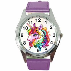Dreamwatch Womens Watch Analogue Quartz With Real Leather Band Violet Round Unicorn E1