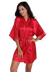 Admireme Women's Kimono Robes Satin Solid Colour M Wire Red