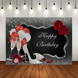 Sliver And Black Happy Birthday Backdrop Glitter Sequin High Heels Champagne Glasses Red Rose Balloons Adults Women Party Photography Background Old Age Party Decorations