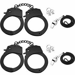 2 Pieces Metal Handcuffs With Keys Black Stainless Steel Toy Handcuff And 2 Pieces Silver Metal Referee Whistles Costume Accessories Party Props For Cosplay