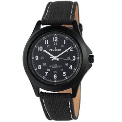 Peugeot Black Aviator Watch 24HR Time Markers Water-resistant With Black Canvas Strap