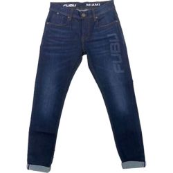 FUBU - Men Dark Wash Laser Print Miami Straight Legged Denim Jeans