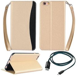 For Apple Iphone 6S Plus Case Embassy Pu Leather Flip Wallet Stand Case With Hand Strap For Apple Iphone 6S Plus Gold And Lightning