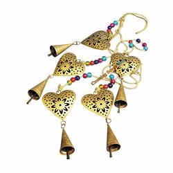 Crossing Seven Seas Handmade Golden Rustic Bells With Hearts Attached In String With Colorful Beads Wind Chime Bells Bead Recycled Metal Rustic Garden Decor