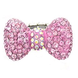 Hot Pink Rhinestone Ribbon Bowtie Party Cocktail Ring Adjustable Stretch Band Valentine's Day Jewelry