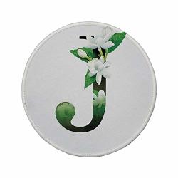 Non-slip Rubber Round Mouse Pad Letter J Abstract Floral Arrangement J Silhouette And Jasmine Blossoms Abc Concept Green White Black 11.8"X11.8"X5MM