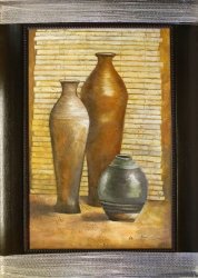 African Pots On Canvas - Dark Wooden Frame