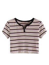 Didk Women's Contrast Neck Rib Knit Striped Crop Tee Top Multicolor M
