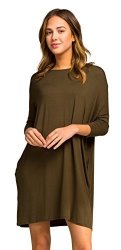 Knit Jersey Round Neck 3 4 Sleeve Drop Shoulder Dress With Side Pockets Xs s Olive